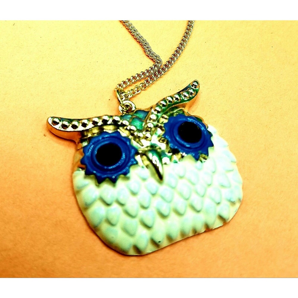 Owl Necklace gold plated white and blue 30 inches.